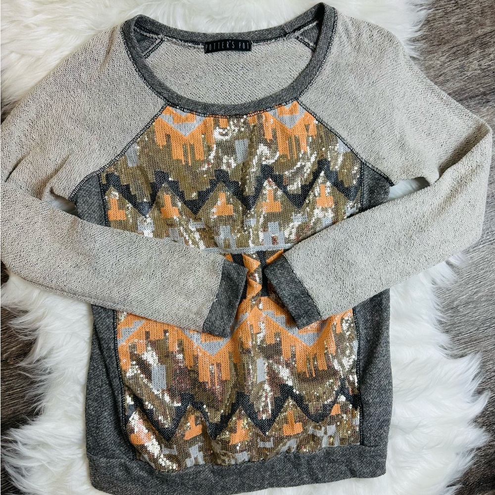 Patterned Gray And Orange Sweater - image 3